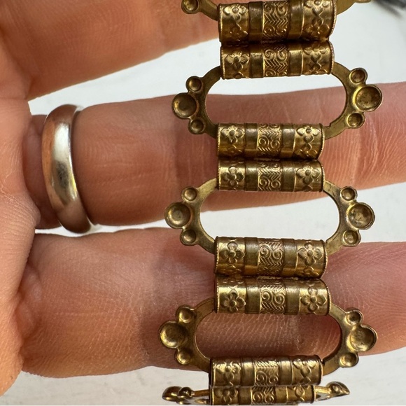 Vintage Art Deco Onyx Oval Seed Pearl Gold Tone Link Intricate Inlay Retro Gift - Picture 12 of 16